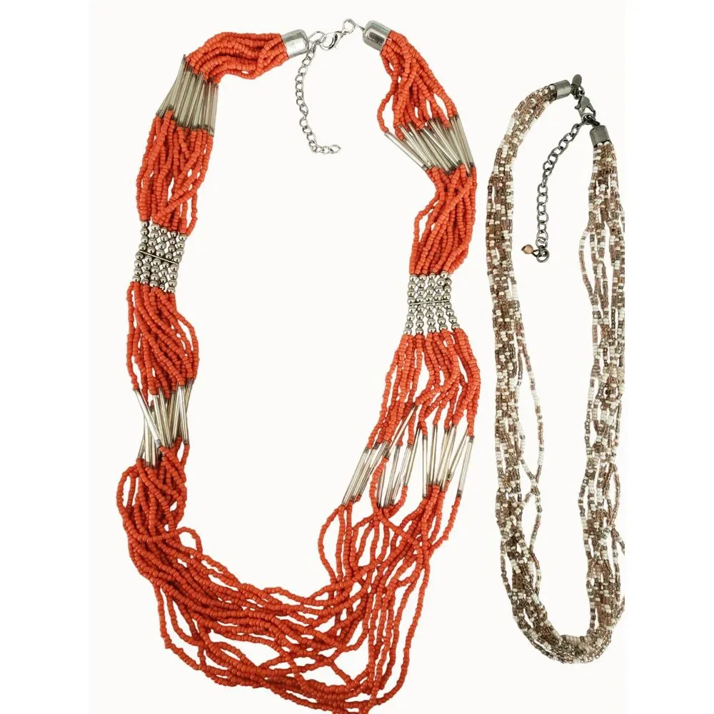 3 Multi Strand Seed Bead Necklaces Purple Orange White Boho Chic Office Siren